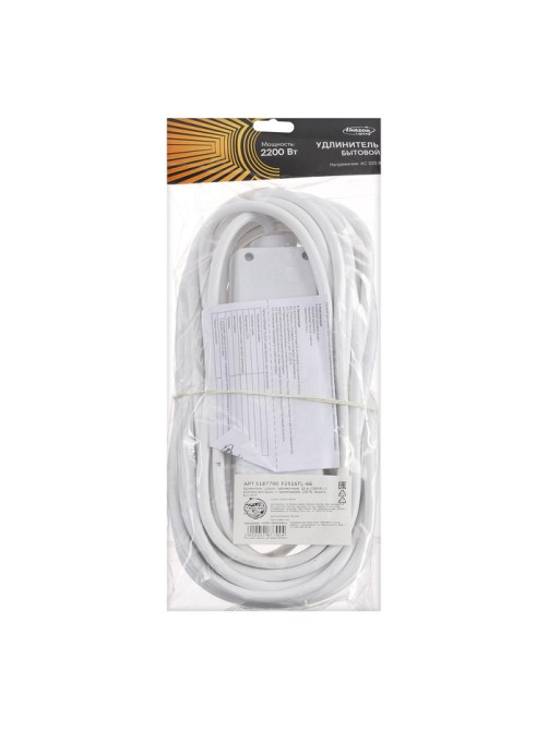 Удлинитель Luazon Lighting, 3 розетки, 10 м, 6 А, 1300 Вт, 3×0.75 мм2, с заземлением, с выключателем, белый