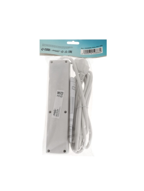 Удлинитель Luazon Lighting, 4 розетки, 3 м, 10 А, 2200 Вт, 3×0.75 мм2, с заземлением, с выключателем,