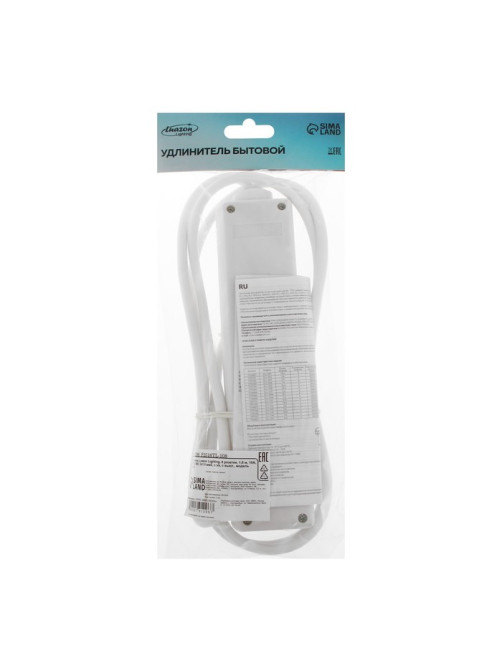 Удлинитель Luazon Lighting, 4 розетки, 1.8 м, 10 А, 2200 Вт, 3×1.5 мм2, заземление, выключатель