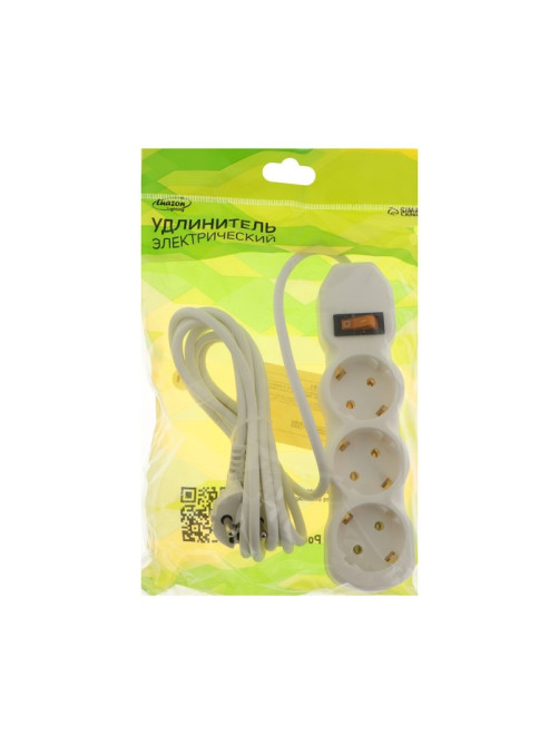 Удлинитель Luazon Lighting ECO, 3 розетки, 2.7 м, 16 А, 3500 Вт, ПВС 3×1 мм2, с заземлением, с выключателем, белый
