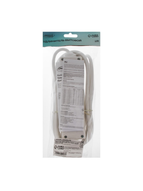 Удлинитель Luazon Lighting, 3 розетки, 3 м, 6 А, 1300 Вт, 3×0.75 мм2, с заземлением, с выключателем, белый