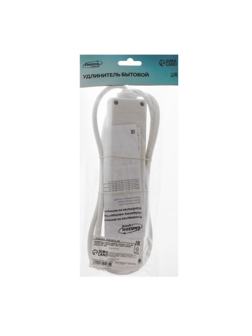 Удлинитель Luazon Lighting, 4 розетки, 1.8 м, 10 А, 2200 Вт, 3×0.75 мм2, с заземлением, с выключателем, белый