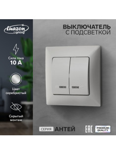 Выключатель Luazon Lighting «Антей», 10 А, 2 клавиши, скрытый монтаж, с подсветкой, серебристый