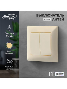 Выключатель Luazon Lighting «Антей», 10 А, 2 клавиши, скрытый монтаж, бежевый