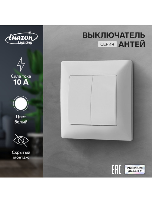 Выключатель Luazon Lighting «Антей», 10 А, 2 клавиши, скрытый монтаж, белый