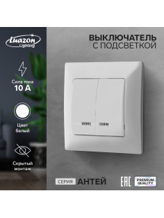 Выключатель Luazon Lighting «Антей», 10 А, 2 клавиши, скрытый монтаж, с подсветкой, белый