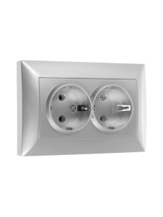 Розетка Luazon Lighting «Антей», 16 А, скрытая, IP20, двухместная, с заземлением, серебристая