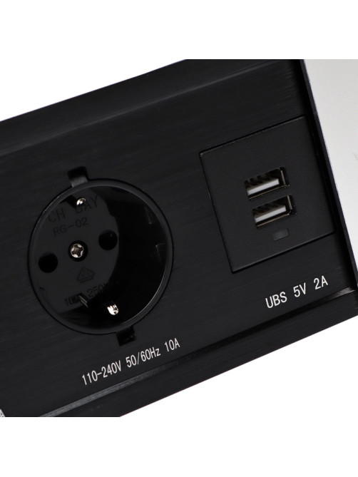 Блок розеточный в стол, сдвижная крышка, 10 А, 2 розетки, 2xUSB, 2A, провод 1.8 м, серебристый