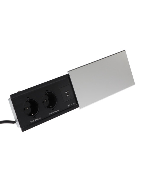 Блок розеточный в стол, сдвижная крышка, 10 А, 2 розетки, 2xUSB, 2A, провод 1.8 м, серебристый