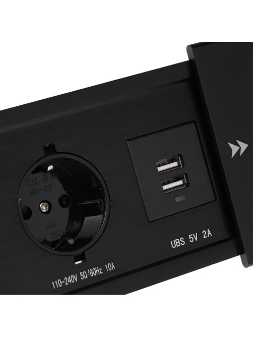 Блок розеточный в стол, сдвижная крышка, 10 А, 2 розетки, 2xUSB, 2A, провод 1.8 м, чёрный