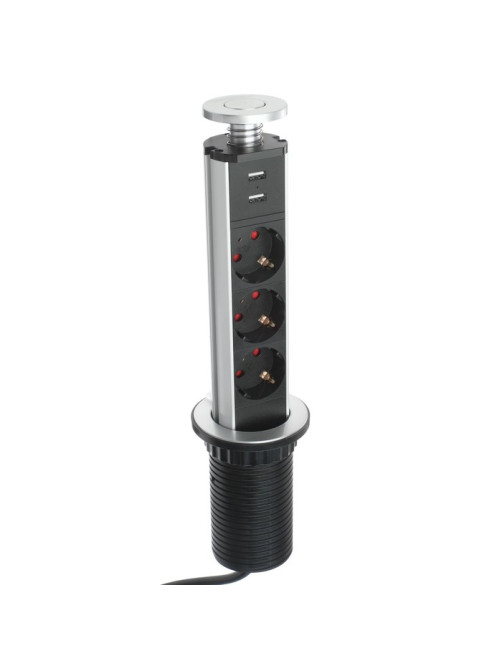 Розетка выдвижная Luazon, 16 А, трёхместная, в стол, 2xUSB, 2.1 A, серебряная