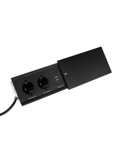Блок розеточный в стол, сдвижная крышка, 10 А, 2 розетки, 2xUSB, 2A, провод 1.8 м, чёрный