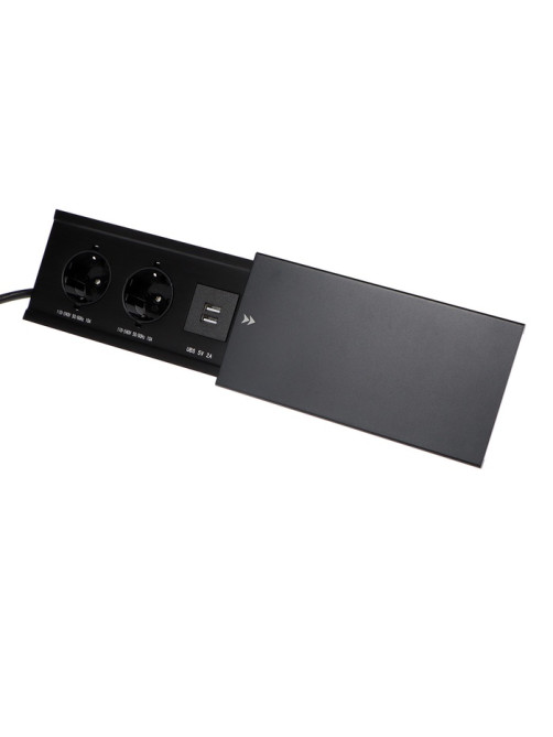 Блок розеточный в стол, сдвижная крышка, 10 А, 2 розетки, 2xUSB, 2A, провод 1.8 м, чёрный