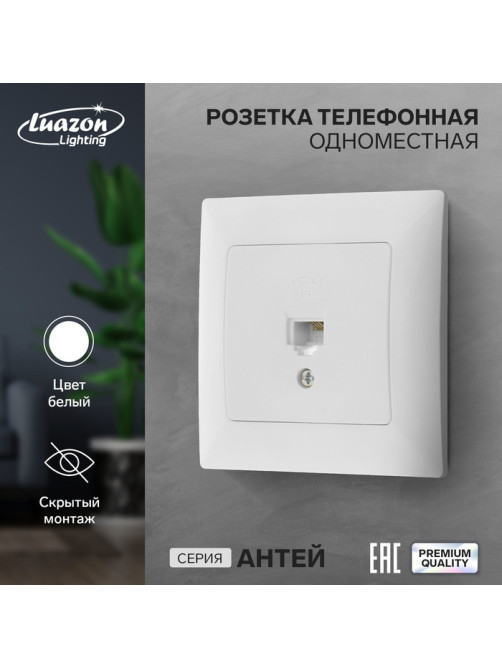 Розетка телефонная Luazon Lighting «Антей», скрытая, IP20, одноместная, белая