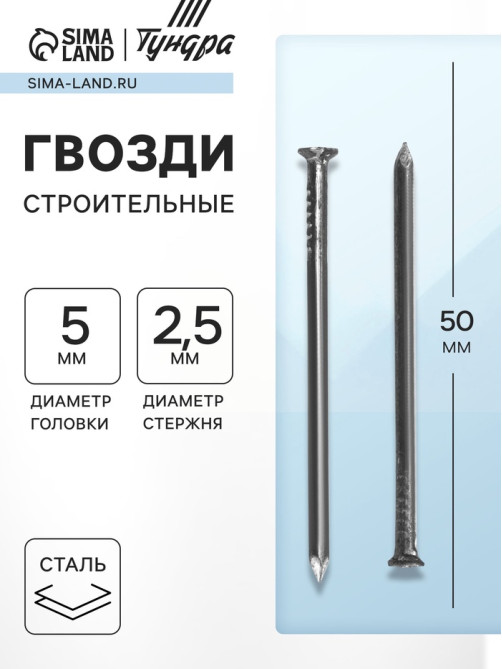 Гвозди ТУНДРА, строительные, ГОСТ 4028-63, без покрытия, 2.5×50 мм, фасовка 1 кг