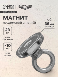 Магнит неодимовый Cartage с петлёй для авто, d=36 мм, сцепление 23 кг