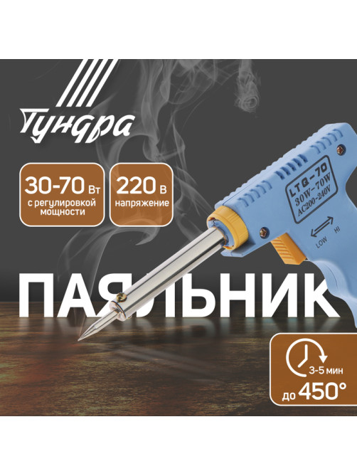 Паяльник-пистолет с регулировкой мощности ТУНДРА, 30-70 Вт, 220 В