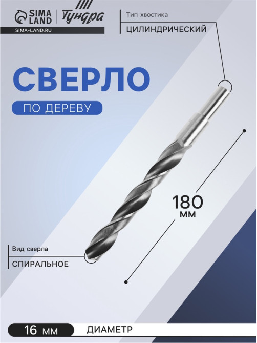 Сверло по металлу ТУНДРА, HSS, цилиндрический хвостовик, 16×180 мм