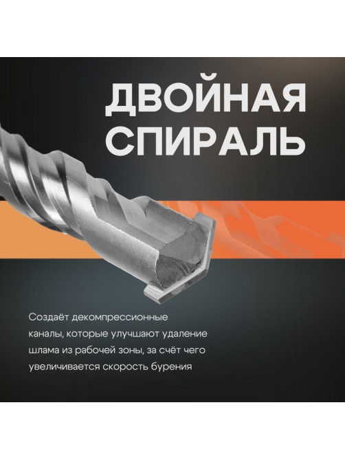 Бур по бетону ТУНДРА, двойная спираль, SDS-plus, 28×600 мм