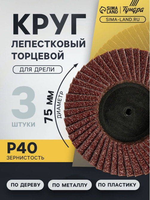 Круг лепестковый торцевой ТУНДРА, для дрели, М8, 75 мм, P40, 3 шт.
