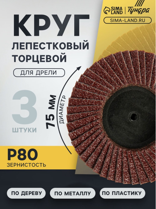 Круг лепестковый торцевой ТУНДРА, для дрели, М8, 75 мм, P80, 3 шт.