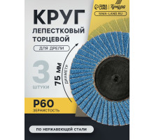Круг лепестковый торцевой ТУНДРА, по нержавеющей стали, для дрели, М8, 75 мм, P60, 3 шт.