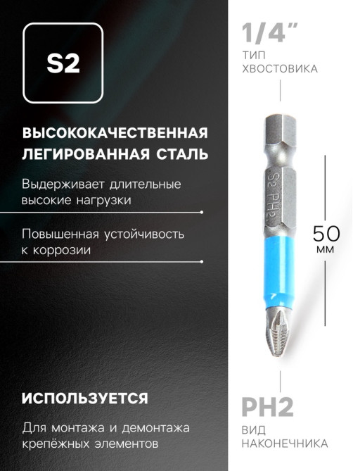 Бита ТУНДРА, сталь S2, отрывная лента, PH2×50 мм