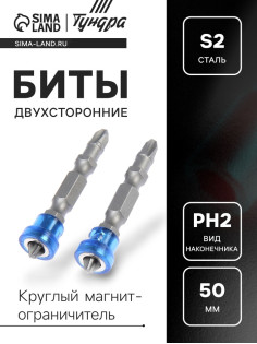 Биты двухсторонние ТУНДРА, сталь S2, круглый магнит-ограничитель, PH2×50 мм, 2 шт.