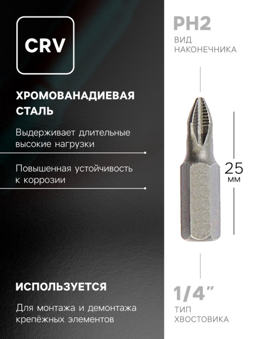 Биты ТУНДРА, намагниченные, сталь CrV, PH2×25 мм, 2 шт.