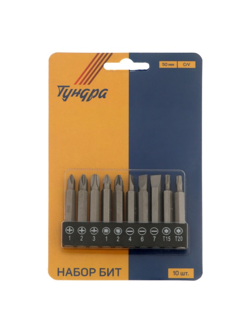 Набор бит ТУНДРА, сталь CrV, PH, PZ, SL, Torx × 50 мм, 10 шт.