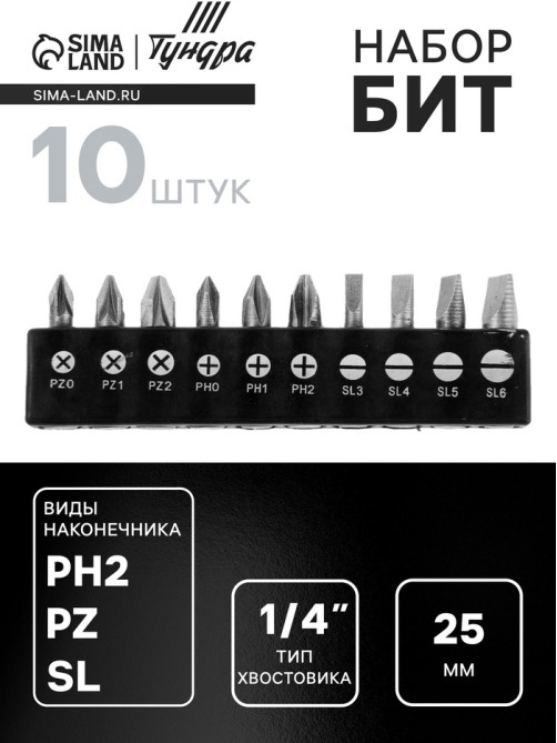 Набор бит ТУНДРА, сталь CrV, PH, PZ, SL × 25 мм, 10 шт.