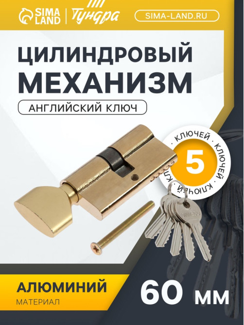 Цилиндровый механизм, 60 мм, с вертушкой, английский ключ, 5 ключей, цвет золото