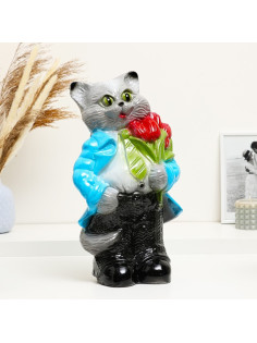 Копилка для денег «Кот большой с тюльпанами», серый, 23×16.5×40 см, МИКС