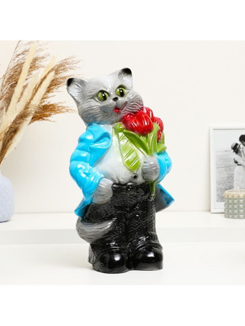Копилка для денег «Кот большой с тюльпанами», серый, 23×16.5×40 см, МИКС