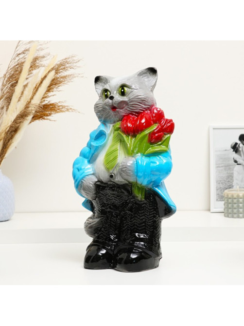 Копилка для денег «Кот большой с тюльпанами», серый, 23×16.5×40 см, МИКС