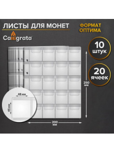 Набор листов для монет, формат «Оптима», 10 листов 200×250 мм, на 20 ячеек 45×48 мм