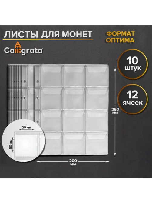 Набор листов для монет, формат «Оптима», 10 листов 200×250 мм, на 12 ячеек 50×50 мм