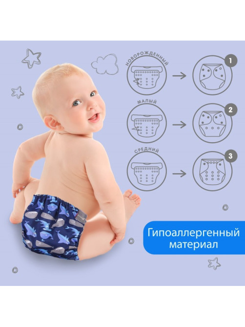 Многоразовый подгузник Крошка Я «Киты», 3-15 кг, синий