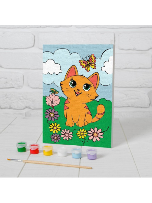 Картина по номерам для детей «Котёнок с бабочкой», 21×15 см