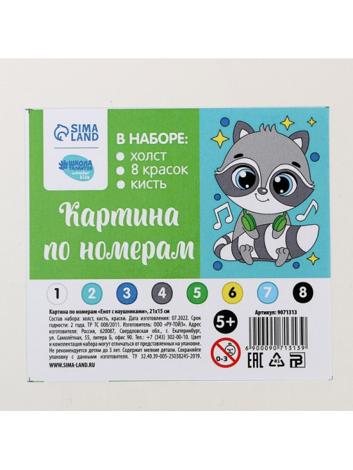 Картина по номерам для детей «Енот с наушниками», 21×15 см