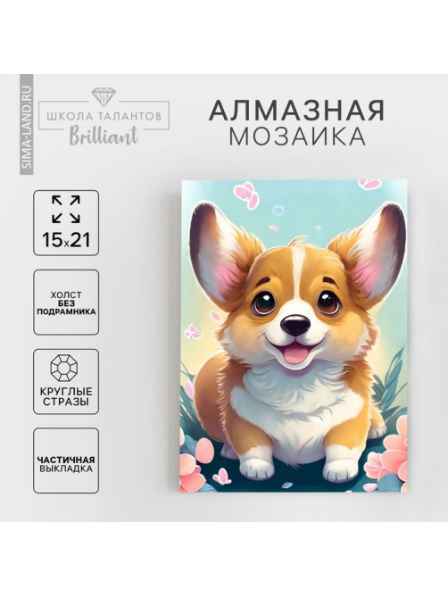 Алмазная вышивка с частичным заполнением «Малыш корги», 15×21 см, холст