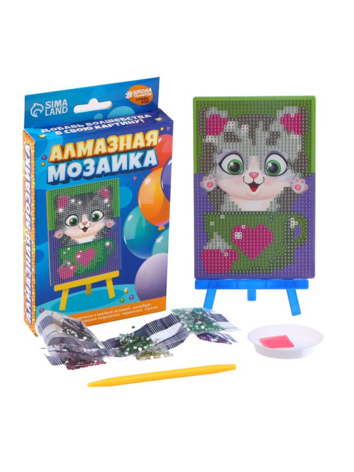Алмазная мозаика с частичным заполнением на подставке для детей «Котик», 10×15 см