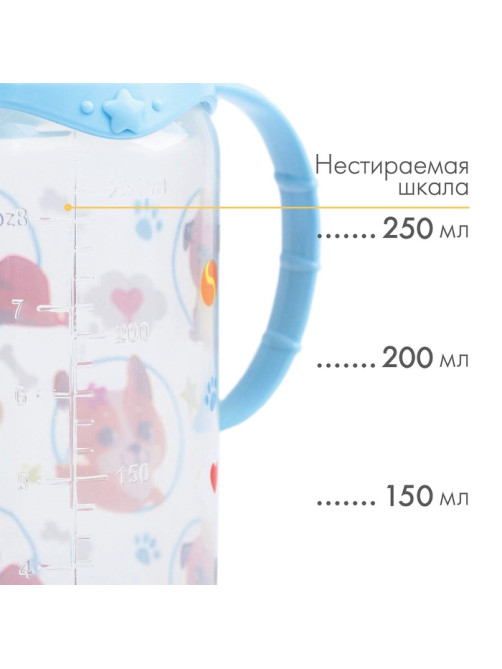 Бутылочка для кормления M&B «ТРЕНД. Песики», классическое горло, с ручками, от 3 мес., 250 мл., цилиндр, голубой