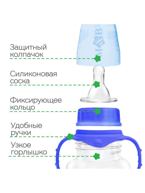 Бутылочка для кормления M&B «Малыш», классическое горло, с ручками 250 мл, синий