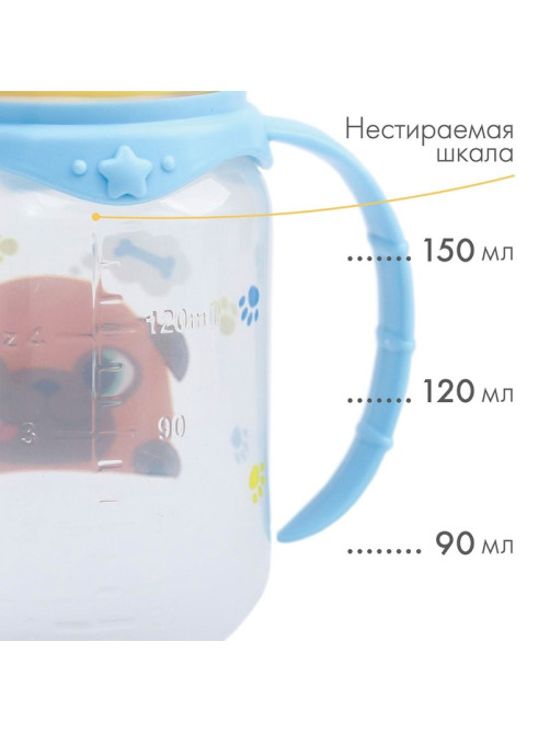 Бутылочка для кормления M&B «ТРЕНД. Песики», классическое горло, с ручками, от 0 мес., 150 мл., цилиндр, голубой