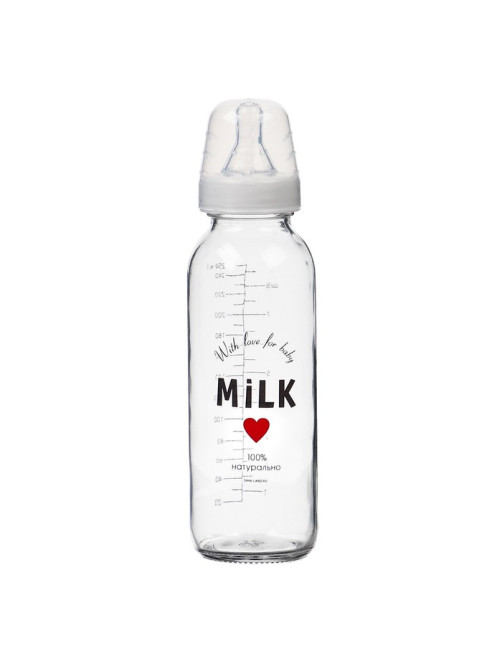Бутылочка для кормления M&B Milk, классическое горло, от 3 мес., 250 мл., стеклянная