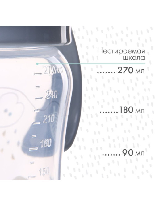 Бутылочка для кормления M&B, широкое горло, средний поток, от 3 мес., с ручками, 270 мл.