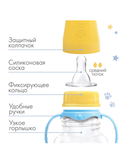 Бутылочка для кормления M&B «ТРЕНД. Песики», классическое горло, с ручками, от 3 мес., 250 мл., цилиндр, голубой