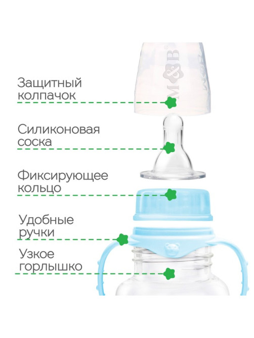 Бутылочка для кормления M&B «Сыночек», классическое горло, с ручками, от 0 мес., 150 мл., голубой