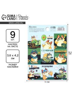 Наклейки детские бумажные «23 февраля», кот, 11×15.5 см
